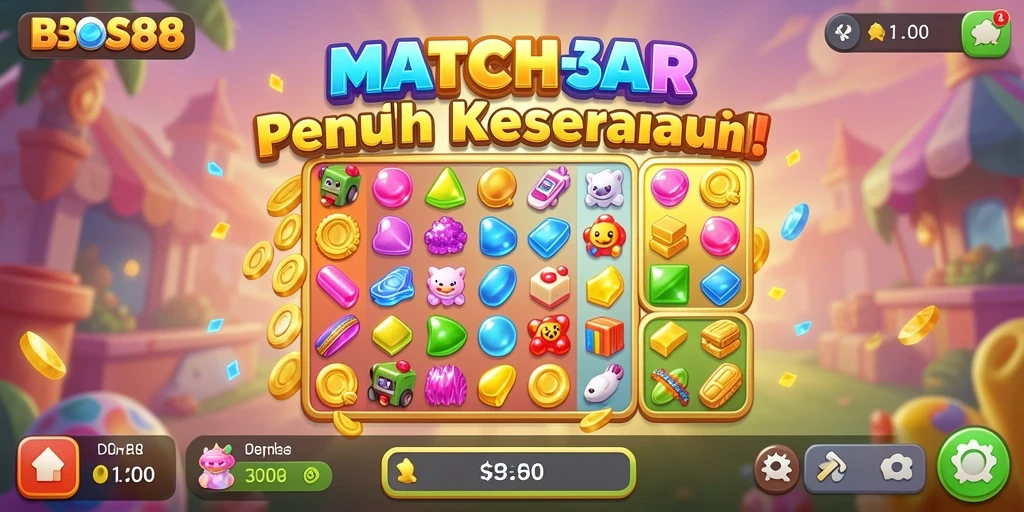 Screenshot utama BOS88 menampilkan gameplay Match-3 yang seru dan berwarna.
