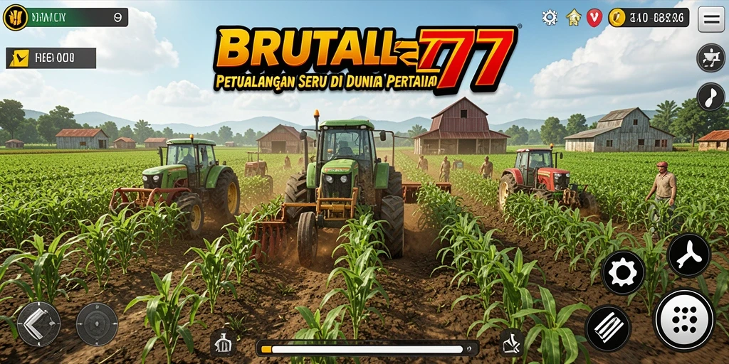 Screenshot utama BRUTAL77 menunjukkan pemandangan ladang yang subur dan produktif.