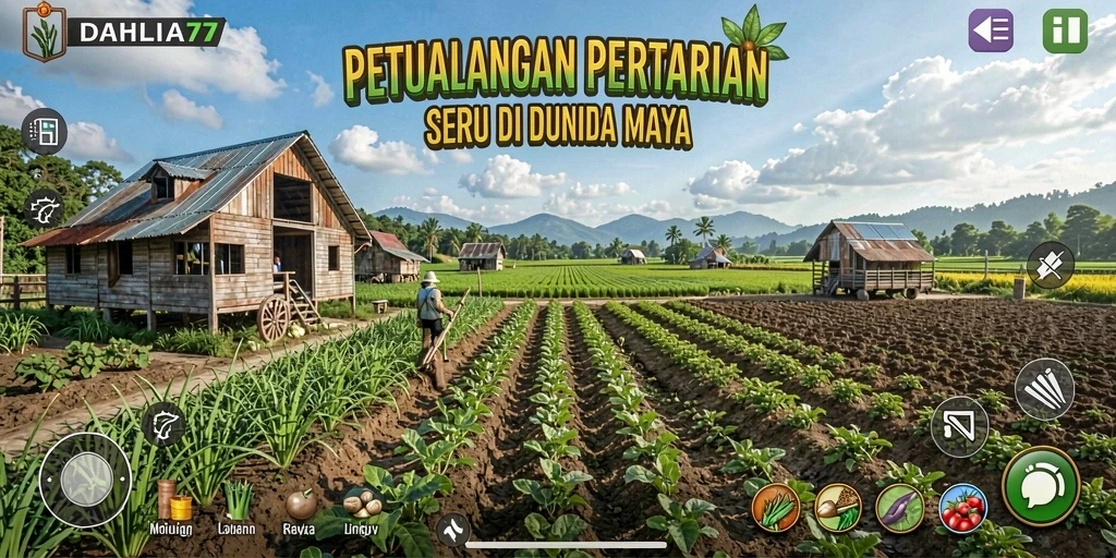 Screenshot utama DAHLIA77 menunjukkan pemain merawat kebun yang subur.