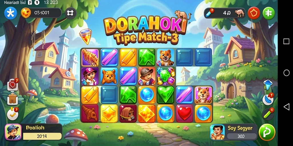 Tangkapan layar gameplay DORAHOKI saat mencocokkan simbol Match-3.