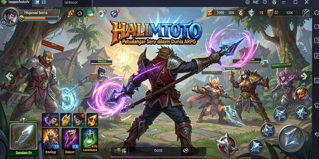 Screenshot HALIMTOTO menampilkan pertarungan epik di dunia fantasi.