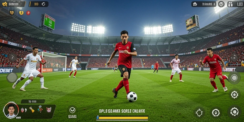 Tampilan gameplay menampilkan aksi seru dalam pertandingan sepak bola.