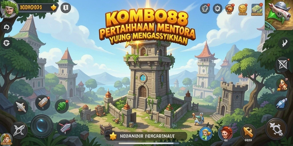 Tampilan gameplay KOMBO88 dengan pertahanan menara yang strategis.