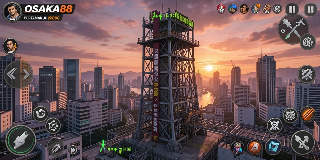 Screenshot gameplay OSAKA88 menampilkan pertempuran menara yang seru.