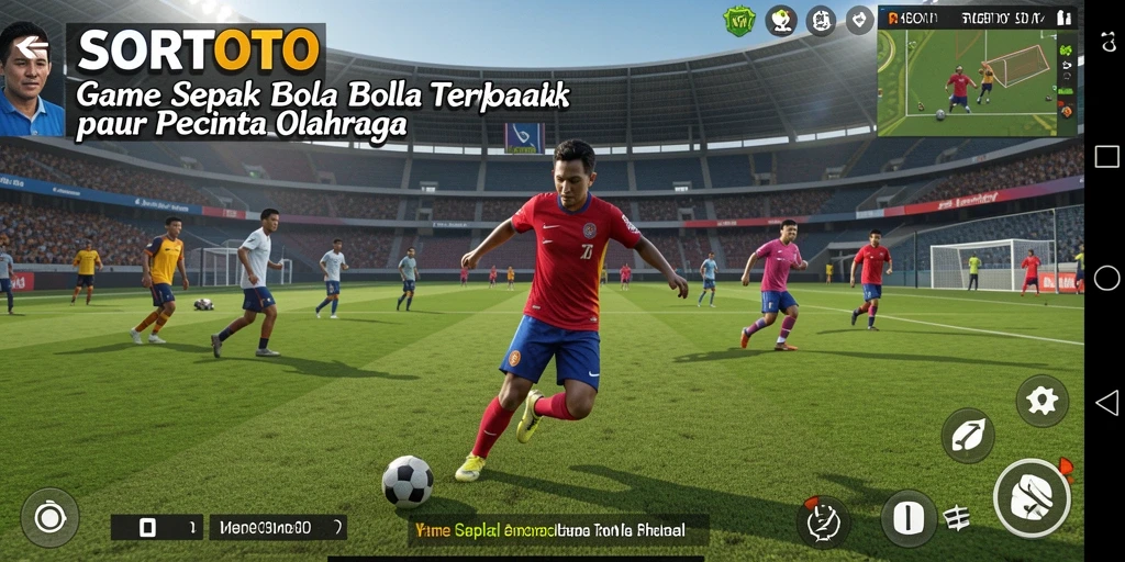 Tangkapan layar gameplay SORTOTO menampilkan aksi mendebarkan di lapangan sepak bola.
